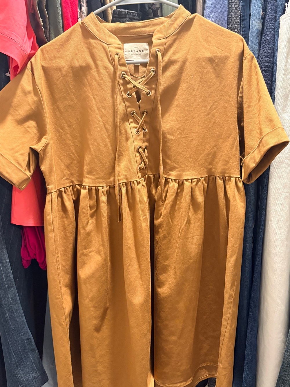 Sezane Theodore Lace-Up Baby doll Mustard Dress